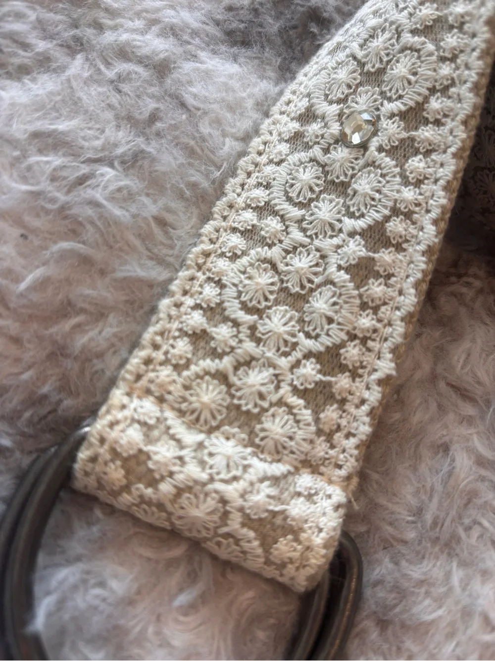 Cream Crochet Fabric Belt with Double Ring Buckle